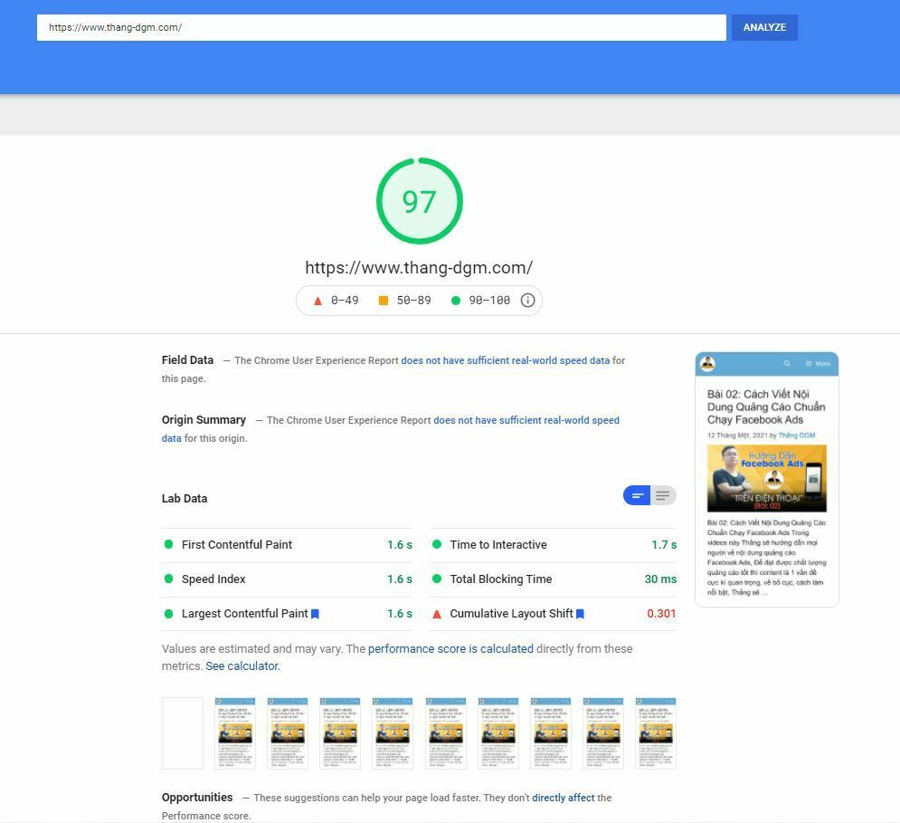 Với công nghệ về server và công nghệ tối ưu website mới nhất, website đạt điểm số Google Page Speed gần tuyệt đối